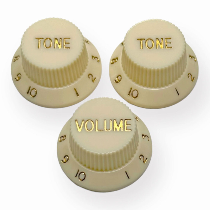 Knob Strat Style parchment/gold font 3pcs