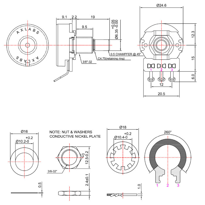 Potentiometer 250K audio solid shaft medium