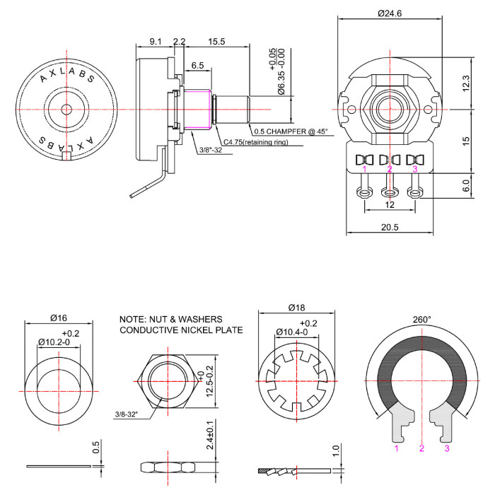Potentiometer 500K linear solid shaft short